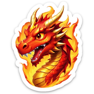 Cinematic Comical Fierce Fire Dragon Portrait Emoji, Head tilted dramatically with an exaggeratedly amused expression, featuring a striking, flame-draped body with bold, blazing scales in intense red and molten gold, and eyes twinkling with fiery mischief; rendered with vivid, lifelike textures and dynamic, flickering shadows, high shine, dramatic yet playful, styled with an air of cheeky volcanic mischief, soft glowing outline, capturing the essence of a spirited and over‐the‐top inferno that looks ready to burst into a cascade of playful embers! sticker