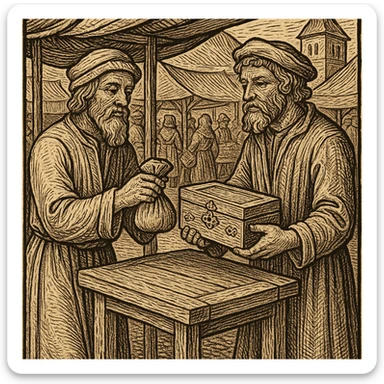 Сгенерируй мне гравюру, как в средневековье один мужчина дает другому мешочек, а другой украшение коробку деревянную, они торгуют, все это происходит на рынке sticker