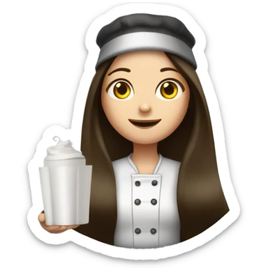 Brunette long straight hair girl holding food plate in a cook hat sticker