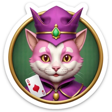 court jester cat medieval, single poker card joker clearly visible, pink, face only, round badge,  court jester cap sticker