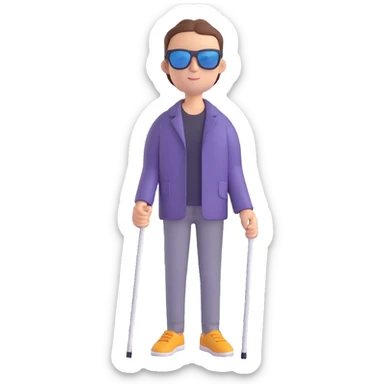 A blind person walking with a white cane, wearing sunglasses, outdoors, daytime. Focus on the cane and posture that indicates visual impairment. sticker
