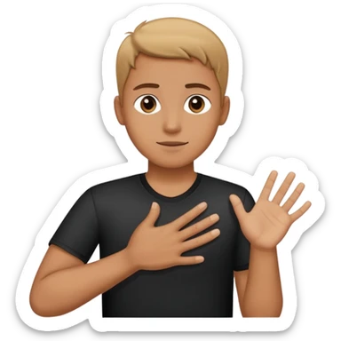 Clothed person with one hand on their chest one hand extended palm outwards like stop sign sticker