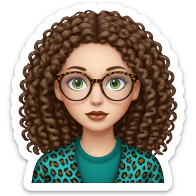 a blue green eyed woman with very very long brunette curly hair, full lips,and pale skin. She is wearing a leopard printed thin round-ish glasses . She is wearing brown clothes. sticker