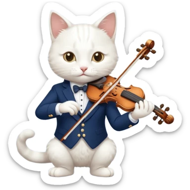 white cat play violin, wear navy suit sticker