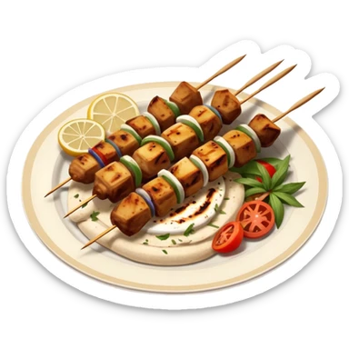 cinematic-realistic-souvlaki-dish-emoji,-showcasing-skewered,-grilled-chicken-with-mediterranean-spices-rendered-with-dynamic-textures-and-warm,-appetizing-lighting on pita bread on a plate sticker