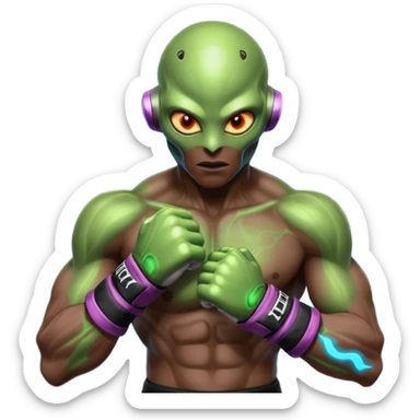energy alien MMA fighter portrait, head and shoulders only, glowing veins, crackling aura, futuristic fight gloves, intense glowing eyes, 3D cartoon, mobile game icon style, clean background, no text, no watermark
 sticker