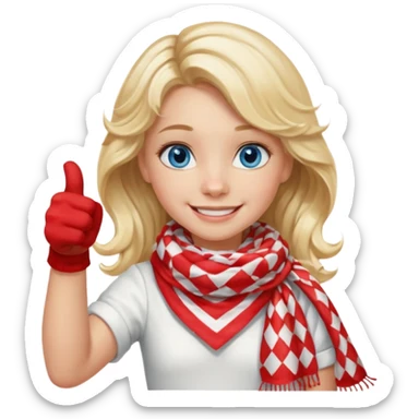 Blonde Girl Model, Blue Eyes, wavy hair, smiling, thumbs up, wearing red Checkered Triangle scarf, white dress sticker