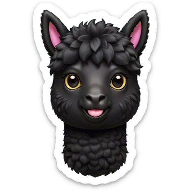 Cinematic Cute Black Alpaca Portrait Emoji, Head tilted playfully and inquisitively, featuring a plush, shiny jet-black fleece with a lustrous sheen, round, sparkling dark eyes filled with curiosity, Simplified yet irresistibly adorable features, highly detailed, glowing with a warm, friendly glow, high shine, affectionate and gentle, stylized with a touch of whimsy, bright and endearing, soft glowing outline, capturing the essence of a mischievous yet loving alpaca, so playful it feels like it could prance out of the screen and into your arms! sticker