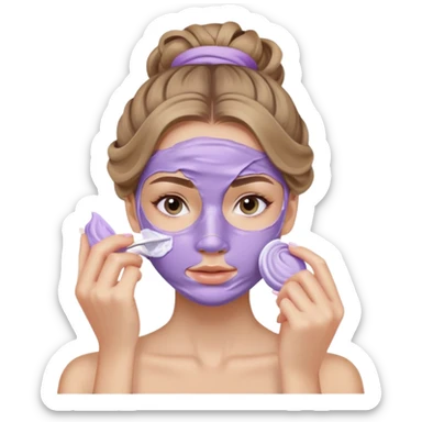caucasian girl with long wavy dark blonde hair in messy bun applying lilac colored skincare mask covering face sticker