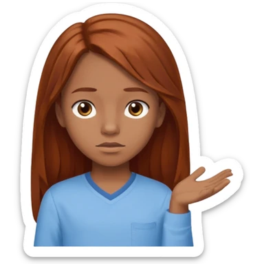shrugging emoji brown eyed tween long auburn hair light blue shirt with a darker blue L sticker