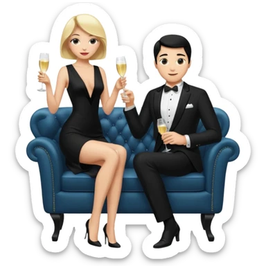 Blonde woman, black, Long, tight, sleveless Dress, Slot left Leg, man, DARK Hair, in Dinner jacket, Background bedroom, drinking champaign sticker