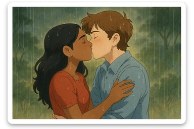 Joel and Madhu kissing in the rain, affectionate, romantic, Ghibli style with magical atmosphere and soft lighting, capturing the emotional connection and gentle rain ambiance. sticker