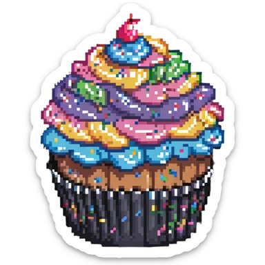 large cupcake with pink frosting covered in rainbow sprinkles in pixel art style sticker