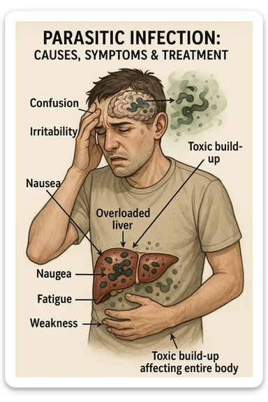 "Man feeling increasingly unwell as his liver fails to filter toxins, nausea, tiredness, and weakness overwhelming him as toxins infiltrate his brain causing confusion and irritability Parasitic Infection: Causes, Symptoms & Treatment, expression of mental fog and physical exhaustion, liver shown as overworked organ with reduced filtration capacity, toxic buildup affecting entire body systems" in italiano sticker