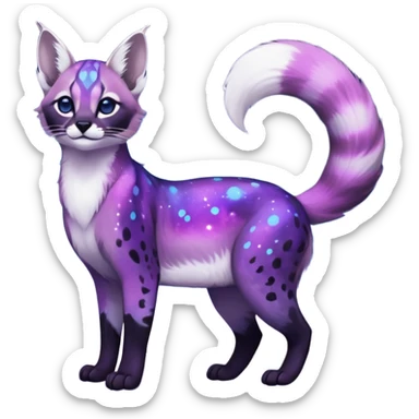 Colorful black-violet-indigo-purple-gradients nebulae nebula starry galactical shiny white-stars-spotted glorious iridescent divine exotic cute cool beautiful realistic caracal-civet-genet-sergal-vernid-Cacomistle-Trico-oncilla-animal-Fakémon-hybrid-fursona (full body) sticker