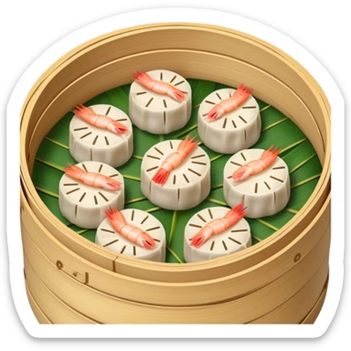 Cantonese dim sum bamboo steamer with shrimp dumplings, simplified emoji style with bold outlines and bright colors, cartoon style Chinese dim sum sticker