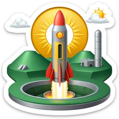 green landscape with sun in top of the background, there is a missile silo hatch open, and the top two thirds of a nuclear missile launching out of the silo is shown sticker