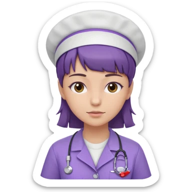 A young female slim nurse with short Brown hair with fringe over her forehead, wearing larvendar purple working cloth only no cap on her hair sticker