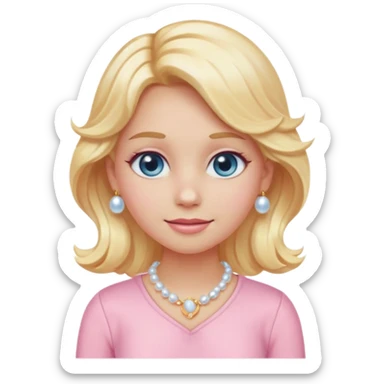 girl emoji with wavy light golden platinum blonde hair, light blue eyes, bright peachy-pink skin, pastel pink outfit #f3c3cf, pearl clip, and gold jewelry sticker