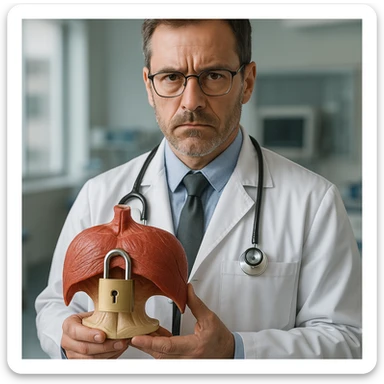 realistic doctor holding an anatomical model of the diaphragm locked with a padlock, serious expression, clinical details, modern medical environment, no cartoon or comic elements, hyper realistic style sticker