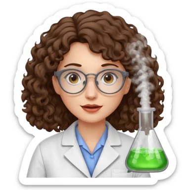A crazy female scientist, with curly-wavy brown hair, brown eyes and grey glasses and oale skin  sticker