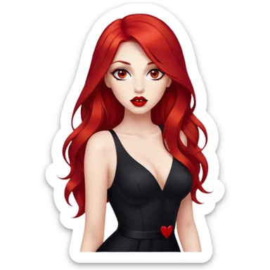 a pretty woman with long red hair and red eyes. The woman wear a black little cutted dress. She have red lipstick and she have a seductive look. She do a kiss sticker