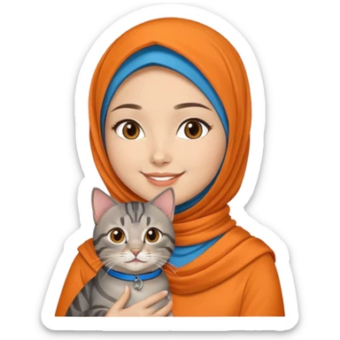 Asian White girl wearing orange hijab holding a black grey tabby cat while smiling. The cat is wearing a blue collar sticker