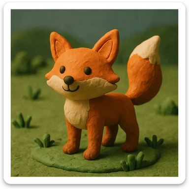 fox with a bushy tail, standing alert, cheerful and cute, in a grassy meadow, claymation style sticker