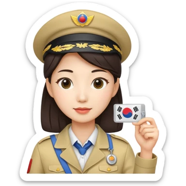 A Korean female tour guide holds her license. sticker