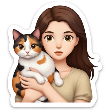 brunette white girl holding calico cat sticker