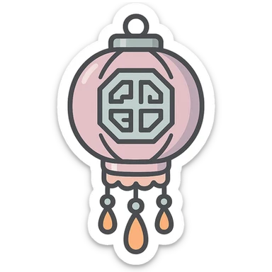 Chinese lantern with traditional Chinese pattern and decorative pendants, not minimalist, no floral decor, detailed shadows and highlights, thin clean contours, soft rounded shapes, pastel palette #98B5BC, #B5B3C1, #C9A3C9, #E4C0CA, #F7DCD1, #F7C0AA, modern Japanese pop-art and sticker aesthetics, high detail, vector sharpness, soft lighting, transparent background sticker