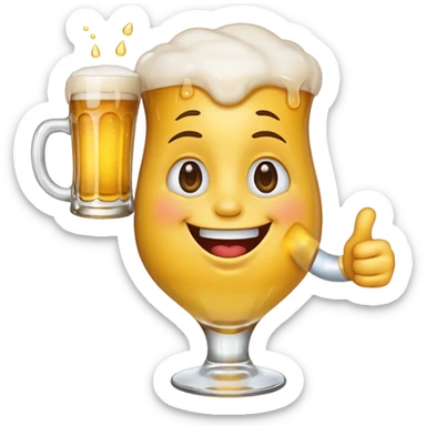 it should be a laughing emoji pointing forward and crying with laughter with a glass of beer in his other hand sticker