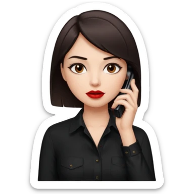 generate a pretty fair bratz girl with dark brown eyes. Dark brown hair straight short hair. tight black button up shirt with top shirt open.  Talking on the phone. Red lipstick, eyeliner on sticker