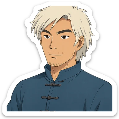 white haired handsome Chinese man in ghibli style, detailed and expressive sticker