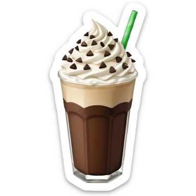 Vaso de vidrio con Frappé color café, crema en la parte superior con popote verde insertado en la crema, agregar encima de la crema chispas de chocolate. Colocar arriba de la crema insertada una galleta tipo oreo. sticker