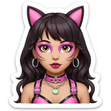 Add a pink BDSM-inspired harness with a silver O-ring. Keep bangs, bold makeup, light-medium Hispanic skin tone, long dark wavy hair, and cat ears. Remove any apple or bow elements. Style: apple emoji style, transparent background. sticker