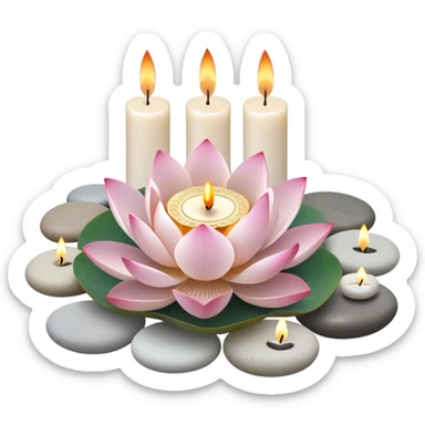 A photorealistic icon featuring lotus flowers, burning incense sticks, smooth round sea stones, and multiple small round candles arranged in a calming, tranquil setting. Soft, peaceful colors with detailed textures that evoke mindfulness and inner peace. Transparent background. sticker