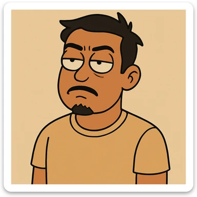 Make the tan skinned man with short black hair look more annoyed while rolling his eyes, and add a small goatee beard. Keep the style and background the same as the original image. sticker