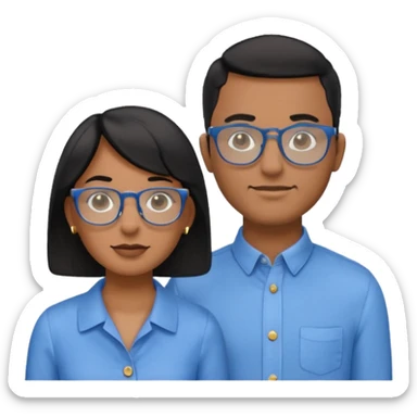 Dois emojis, um homem pardo com cabelos pretos, blusa azul com gola e botões, óculos retangular na cor azul. Mulher parda com cabelo curto preto, óculos redondos e transparentes, está com vestido azul de alças finas e com brincos de argolas douradas na orelha sticker