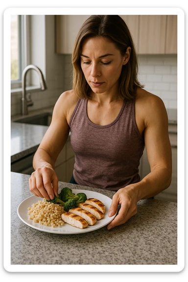 Donna che prepara un pasto equilibrato fit, con carboidrati, proteine e grassi dentro il piatto. Perfettamente equilibrato. Molto realistica sticker