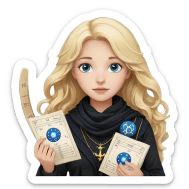 A long wavy haired blonde girl with blue eyes, wearing black, with a scarf on, holding astrology natal chart paper   sticker
