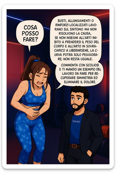 ispirati a questo stile di disegno e fai questa immagine in versione manga/webtoon a colori, il manga mostra la donna preoccupata che chiede: "COSA POSSO FARE?" E L'UOMO CHE RISPONDE: Busti, allungamenti o rinforzi localizzati lavorano sul sintomo ma non risolvono la causa. Se non insegni all’arto inibito a prendersi il peso del corpo e all’arto in sovraccarico a liberarsene, la curva potrà solo peggiorare; non resta uguale. Commenta con scoliosi e ti mando un esempio del lavoro da fare per recuperare simmetria ed eliminare il dolore. sticker