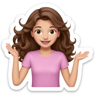 girl with wavy long brown hair, brown eyes, light to medium complexion, long lashes, light pink lipstick, smiling, wearing light pink shirt, dancing sticker