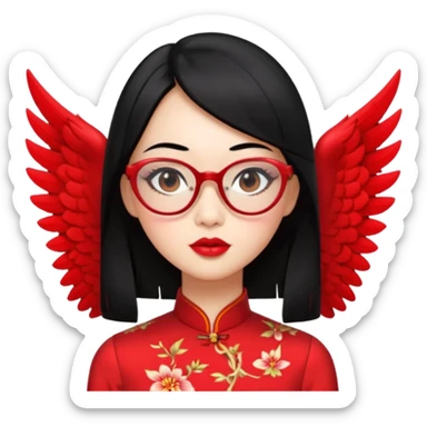 an oriental woman, mid-length black hair, red cheongsam, red lipstick, winged eyeliner, fair pinkish skin, small nose, thick lips, transparent glasses, not too slim, not fat sticker