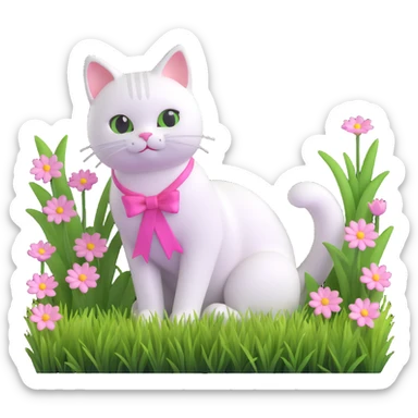 cute white cat with a pink ribbon sitting among tall green grass and white flowers, soft rounded playful appearance, inspired by reference image, 3D emoji style Apple Microsoft fluent emoji look sticker