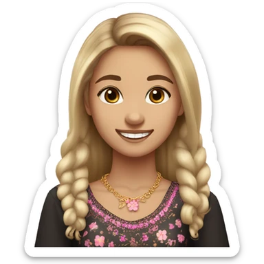 Slavic girl, light skin, brown eyes, black-to-blonde ombre straight tail, smiling with teeth, wearing beautiful blouse with a folk pattern of small pink flowers, a gold necklace. sticker