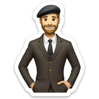 beautiful man, suit, brown beard, white skin, smile, beret hat, full-body (slim) sticker
