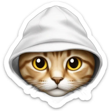 cat wearing a black hat under hood and a white hoodie with the hood up sticker