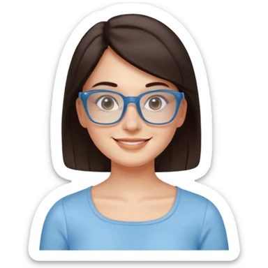mujer de 30 años, cabello marron oscuro, anteojos cuadrados transparente, top celeste escote cuadrado, piel blanca, cara redonda sticker
