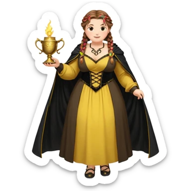 Helga Hufflepuff,brown-haired,2 braids,yellow-black medieval open dress,deep neckline,fat macromastia,black cloak decorated with gold braiding,gold cup with two handles,wand,very kind smile,curvy busty sweet woman,round rosy cheeks,full length with medieval shoes sticker